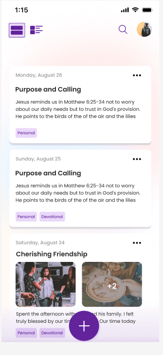 One Voice Journal mobile application screens